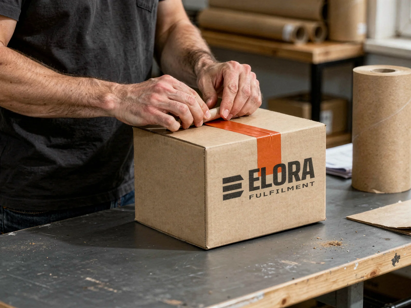 Gegenereerd sfeerbeeld van een Elora-pakket dat met oranje tape wordt gesloten